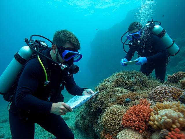 Buzos científicos realizando investigación submarina, recolectando muestras cerca de un arrecife